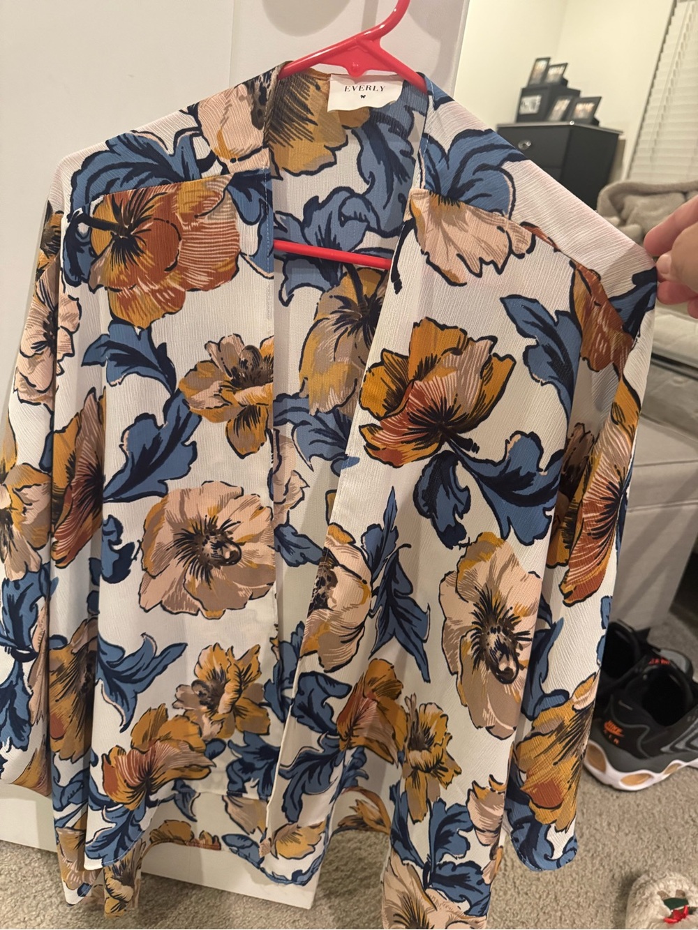 Everly Cream Floral Open-Front Kimono with Blue and Mustard Blooms